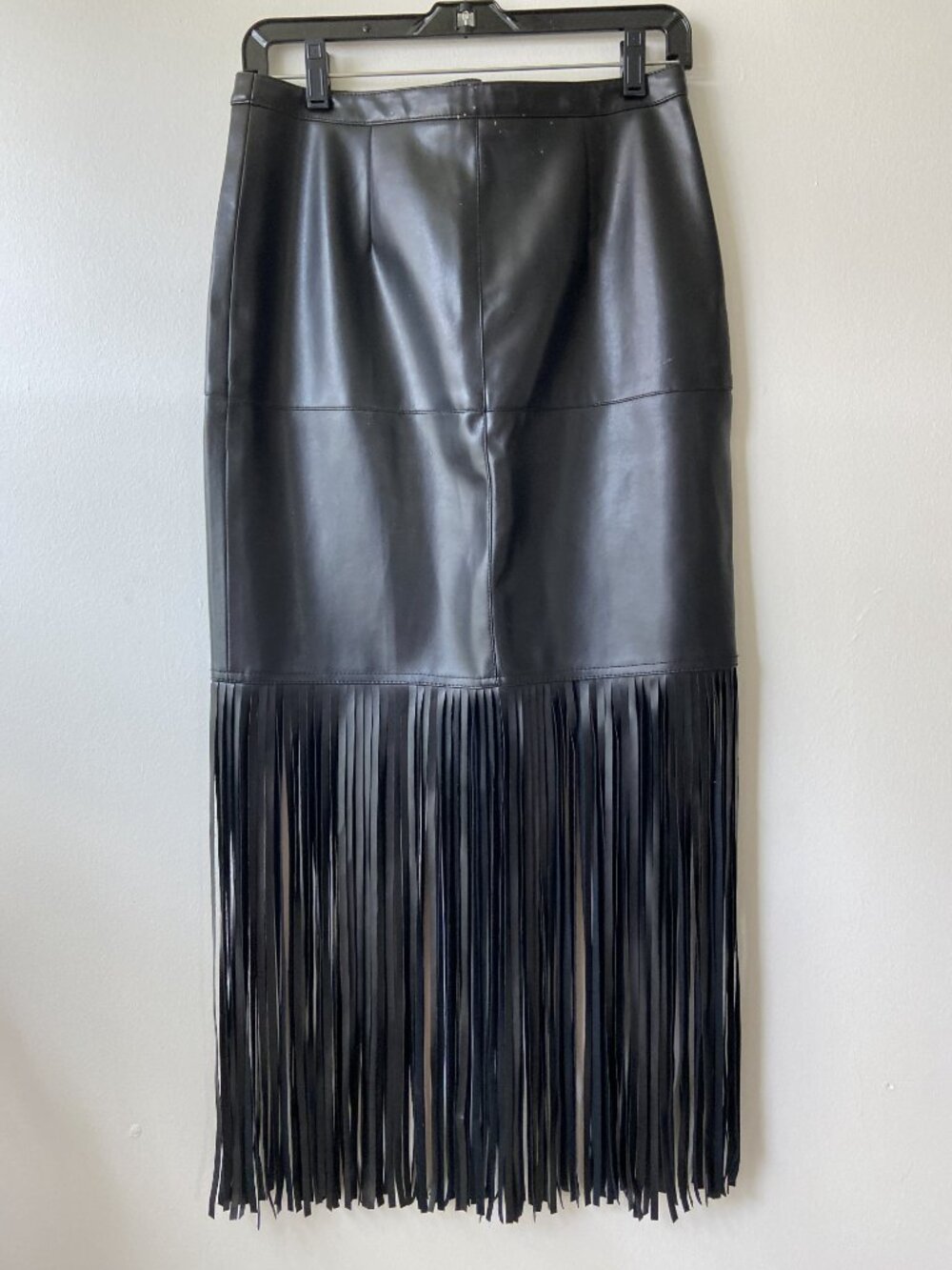 Together Black Faux Leather Midi Skirt with Fringe